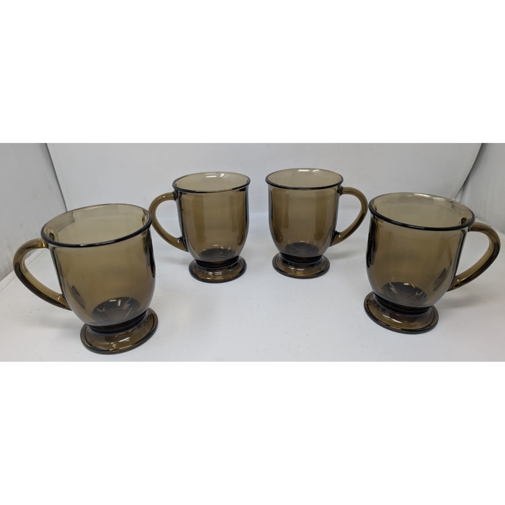 4 Vintage Anchor Hocking Smoke Amber Brown 16 Oz Pedestal Footed Coffee Tea Mug
